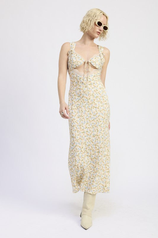 DITSY PRINT MIDI DRESS WITH CUTOUT AND LACE TRIM