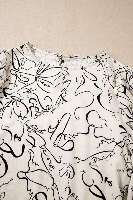 Abstract Print Balloon Sleeve Crew Neck Blouse