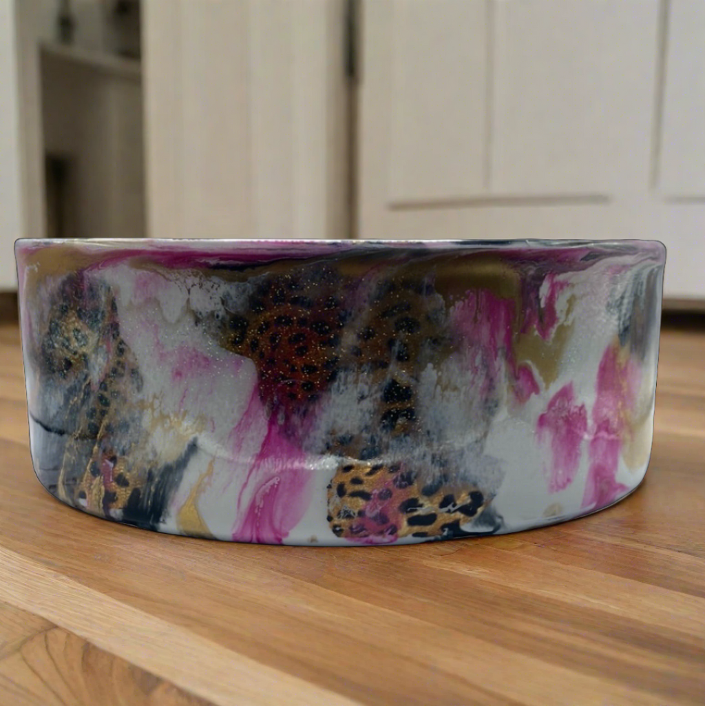 Pink Black Cheetah Hand-Painted Stainless Steel Dog Bowl - 64 Oz