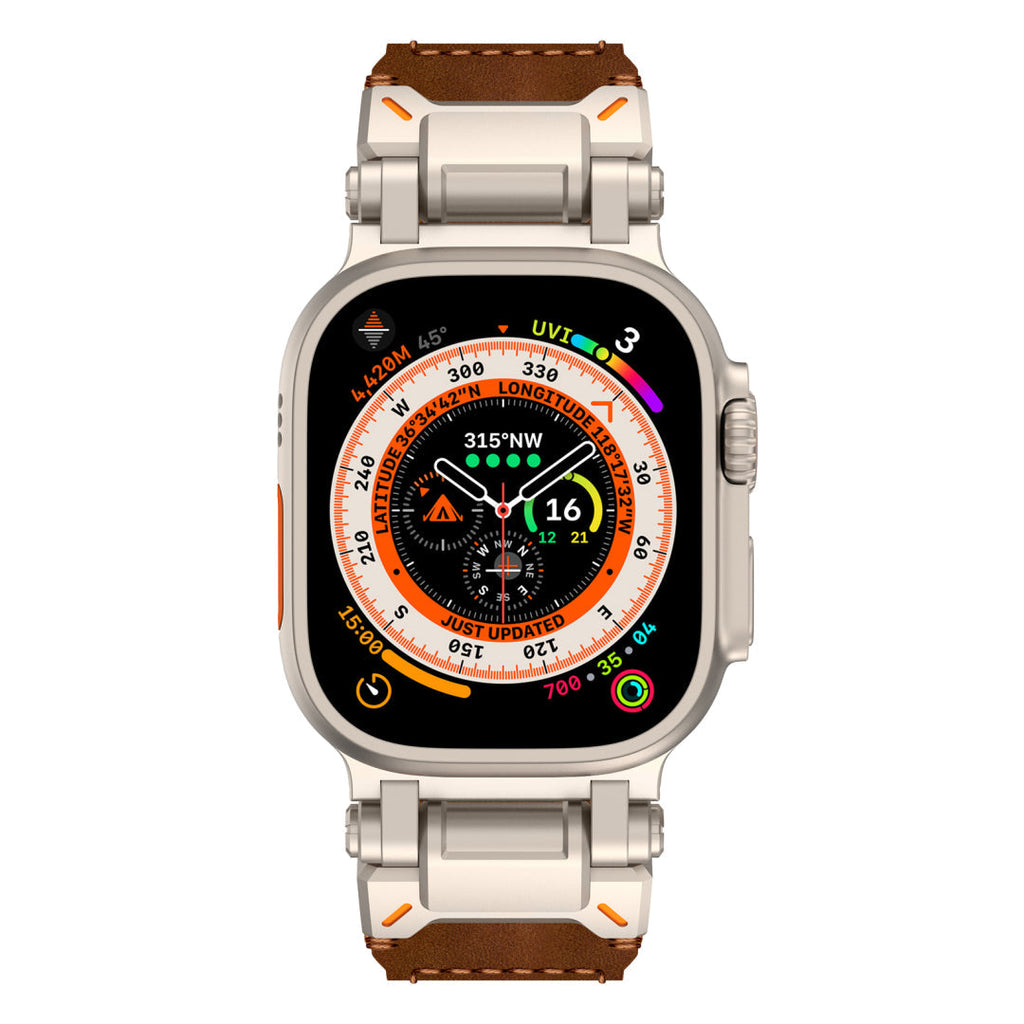 Leather Tactical Band for Apple Watch Ultra – 26mm Wide, Mecha-Style Connectors, Adventure-Ready