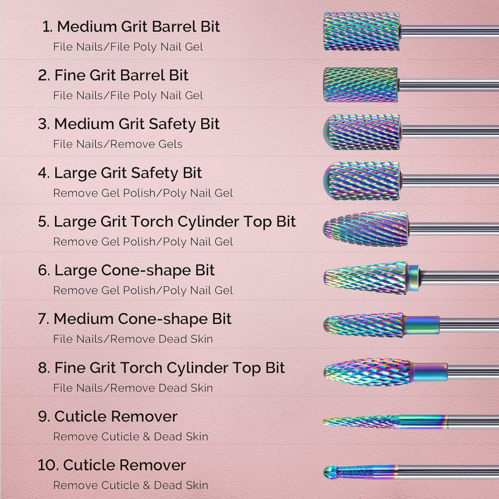 Nail Drill Bits Set, 10Pcs Tungsten Carbide Nail Bits for Nail Drill E-File, 3/32 Inch Bits Manicure Pedicure Remover Tools for Acrylic Gel Nails, Salon Home Nail Care Supplies, Colorful