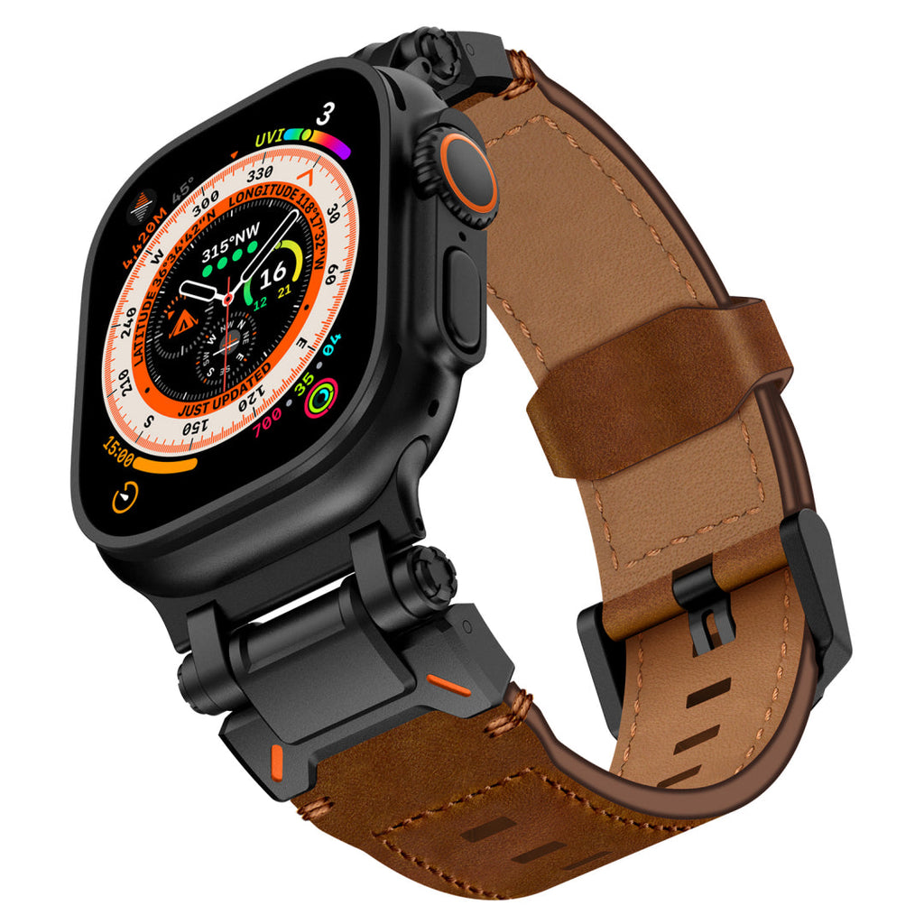 Leather Tactical Band for Apple Watch Ultra – 26mm Wide, Mecha-Style Connectors, Adventure-Ready