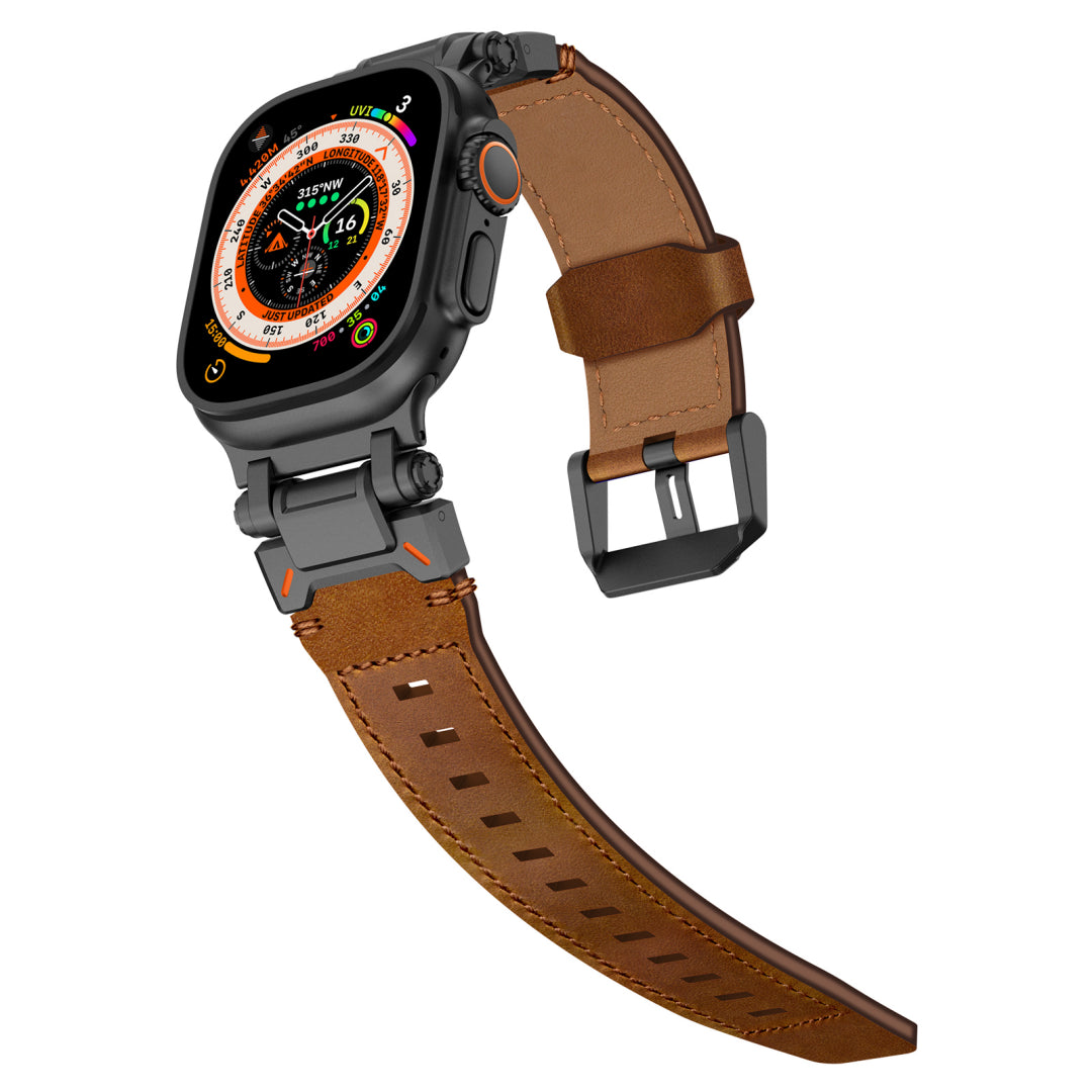 Leather Tactical Band for Apple Watch Ultra – 26mm Wide, Mecha-Style Connectors, Adventure-Ready