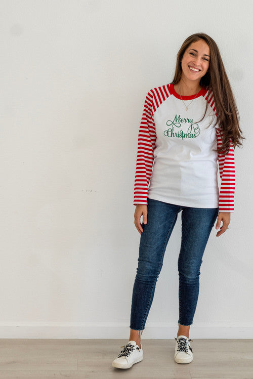 Red/White Stripe  ADULT Unisex  Long Sleeve Raglan Shirt - SALE