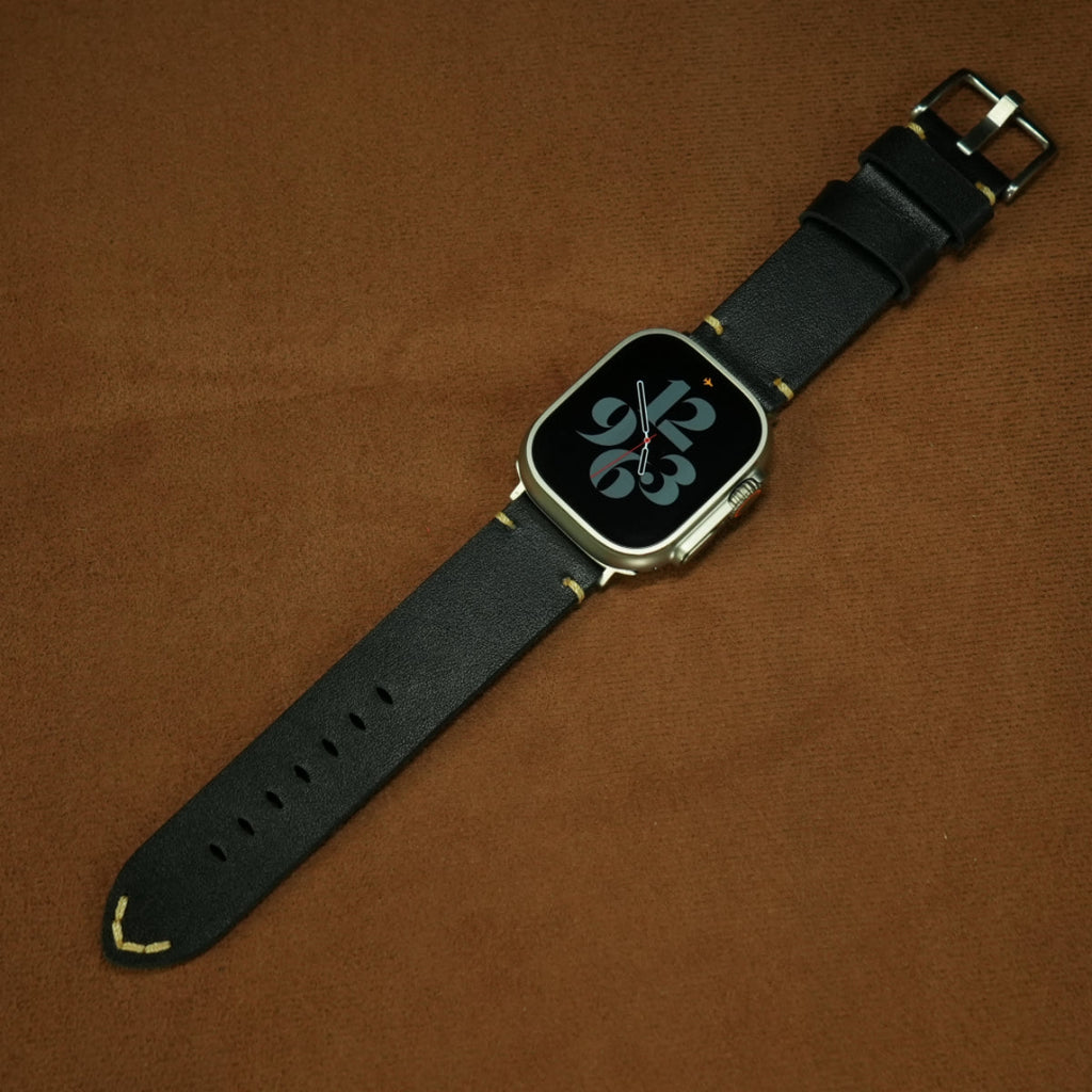 Vintage Distressed Leather Band for Apple Watch Series 10 – 100% Cowhide, One-Piece Hand-Stitched, Patina-Ready
