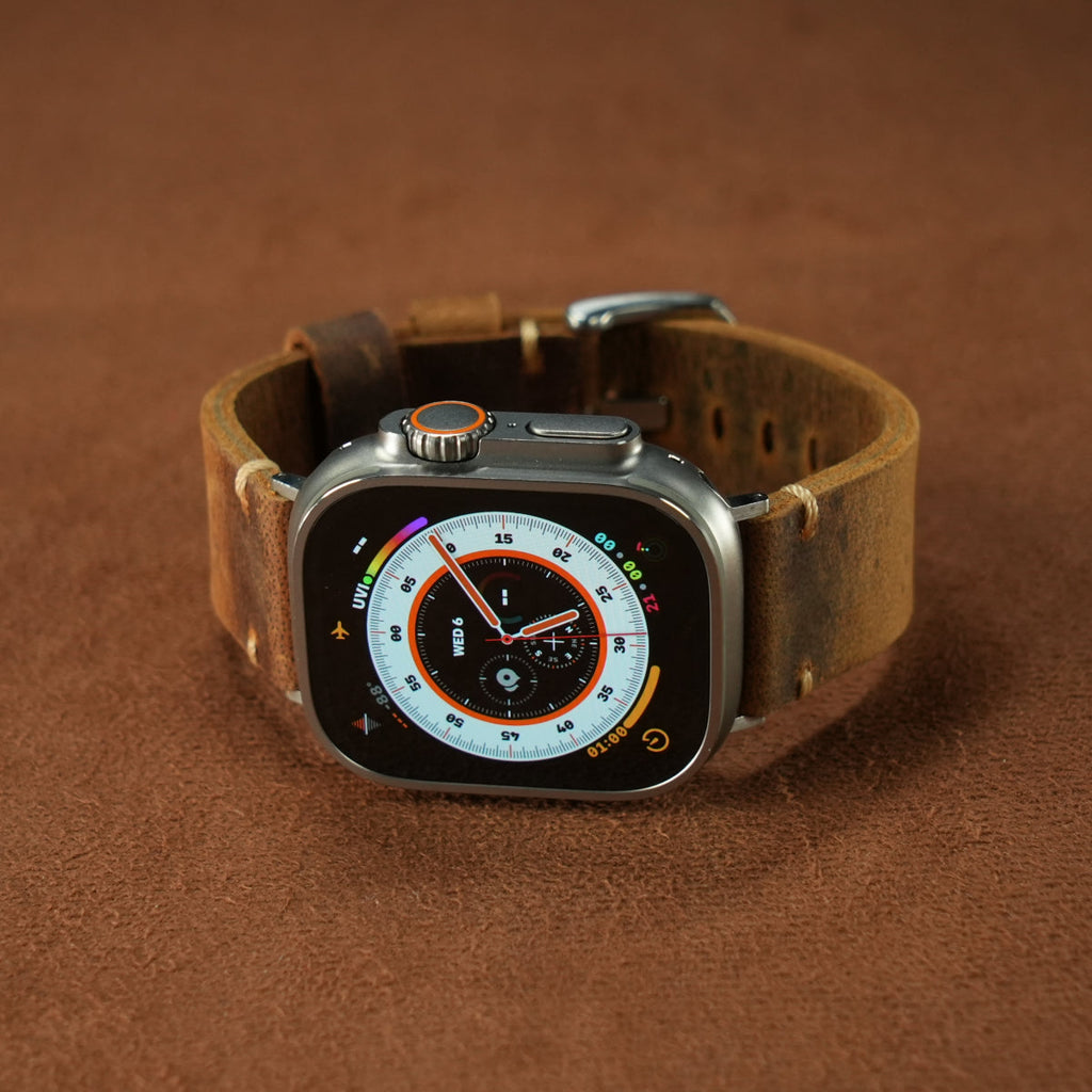 Vintage Distressed Leather Band for Apple Watch Series 10 – 100% Cowhide, One-Piece Hand-Stitched, Patina-Ready