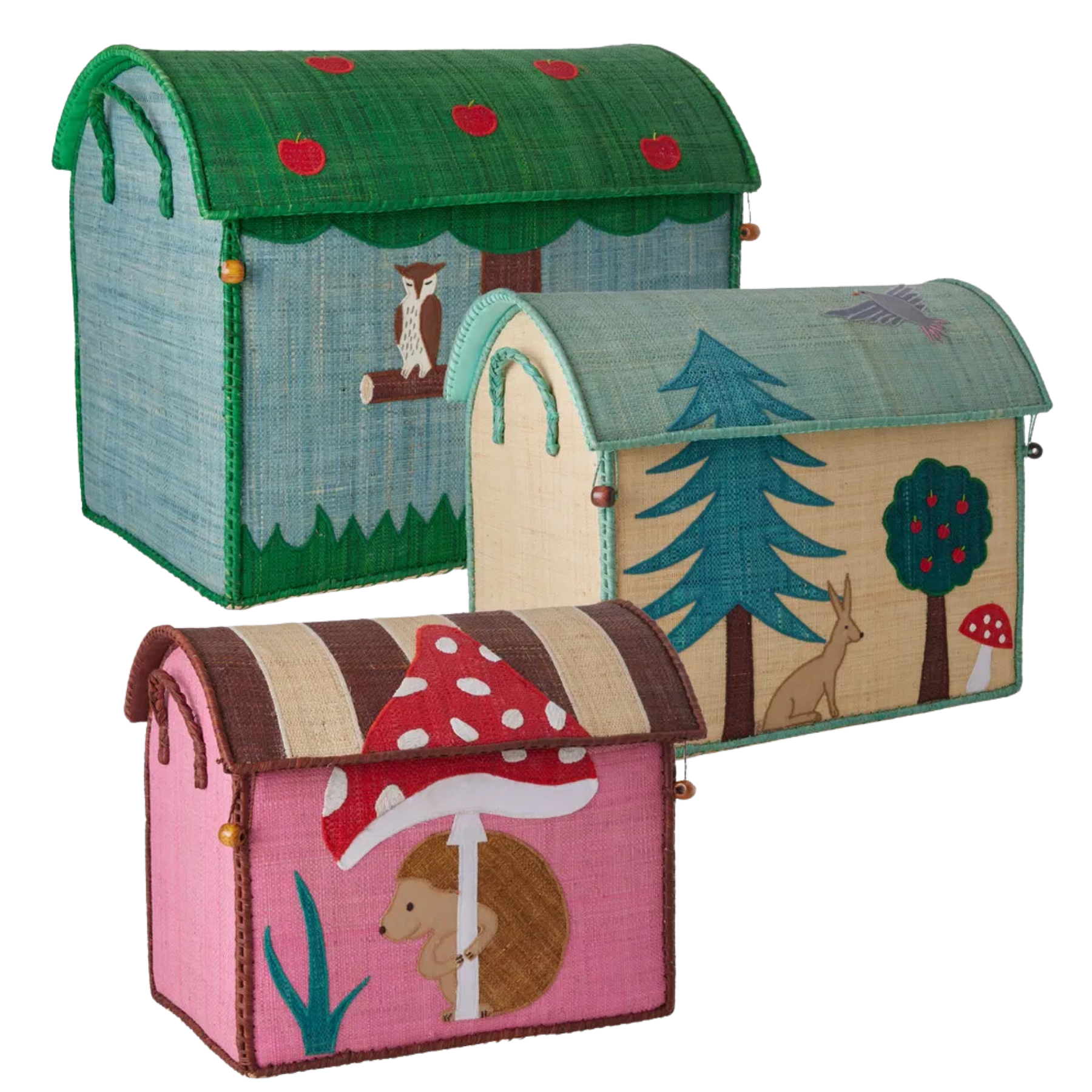Raffia Toy Storage Baskets with Happy Forest Theme - Set of 3 - TO BE SHIPPED IN JUNE