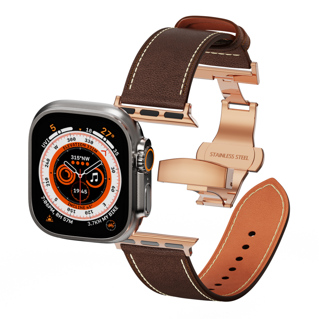 Genuine Leather Butterfly Clasp Band for Apple Watch,Rose Gold