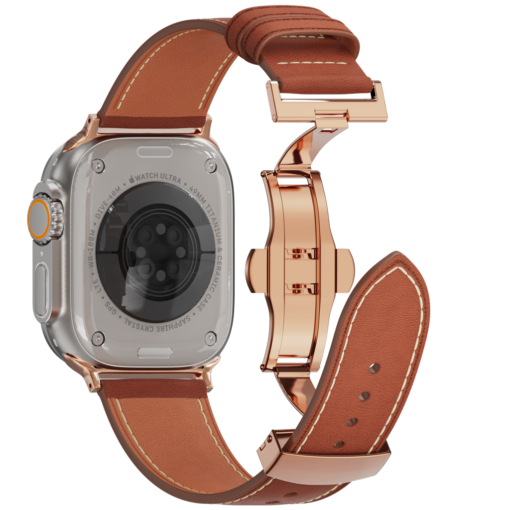 Genuine Leather Butterfly Clasp Band for Apple Watch,Rose Gold