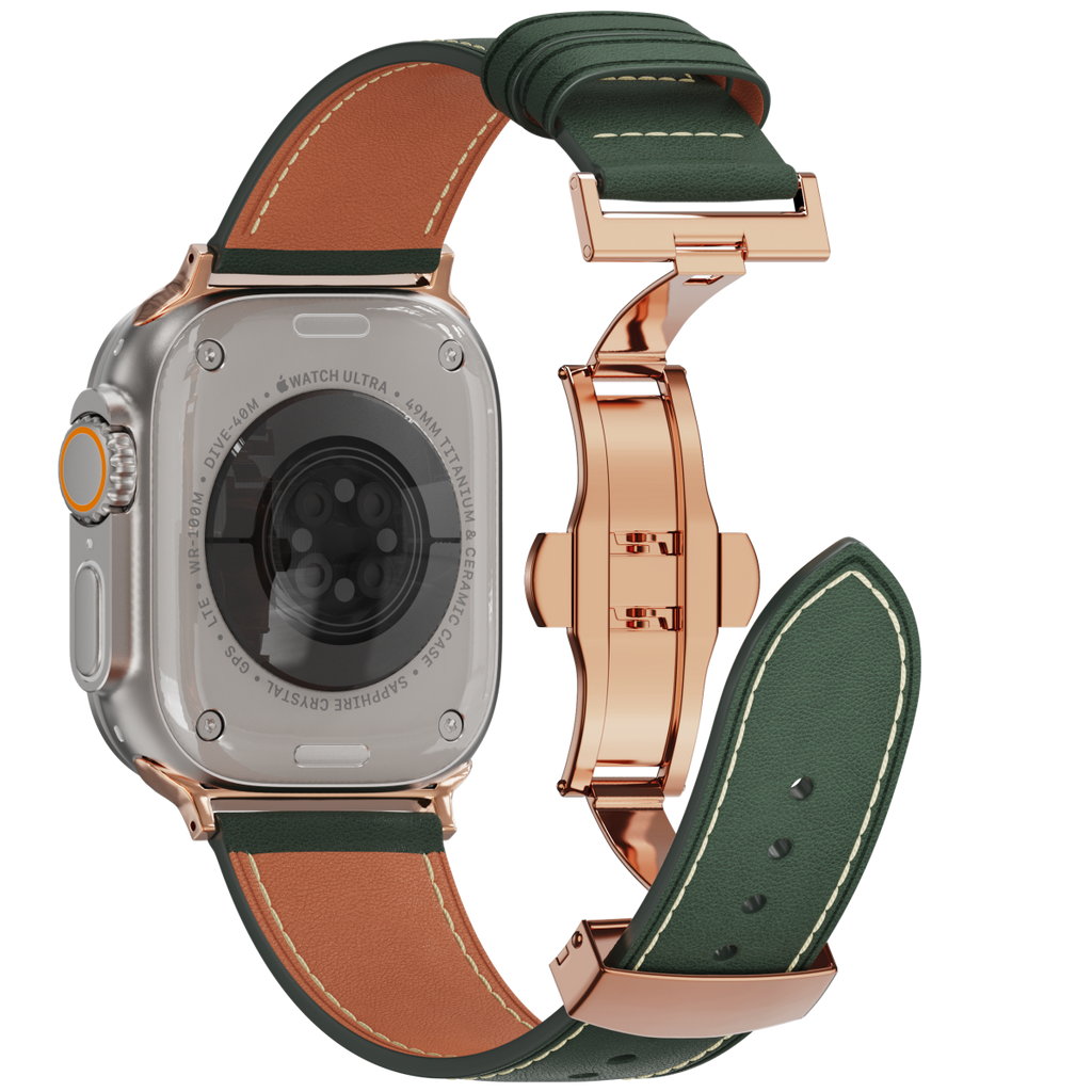 Genuine Leather Butterfly Clasp Band for Apple Watch,Rose Gold