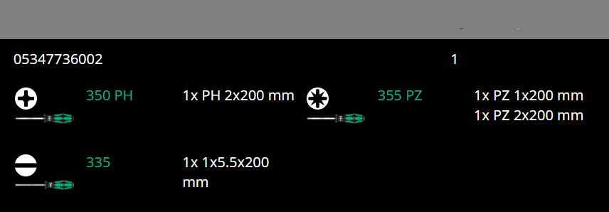 Wera 335/350/355/4 Kraftform Plus Screwdriver Set 200 mm Long 05347736002