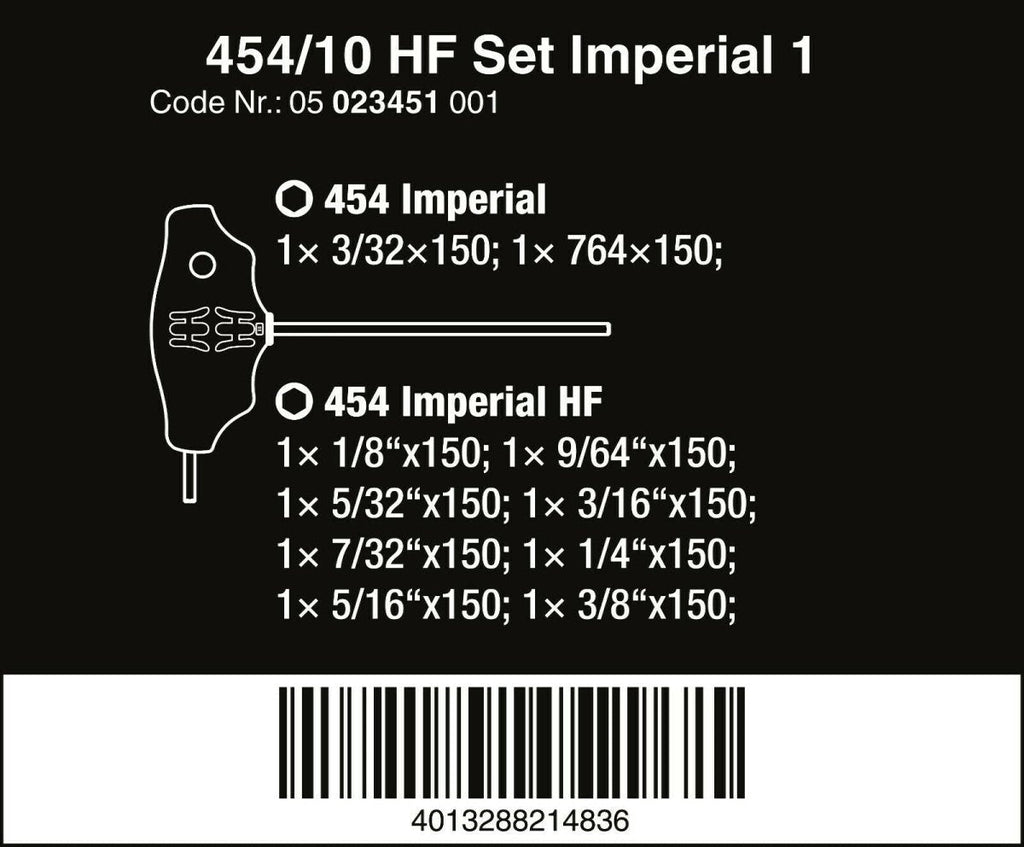 Wera 454/10 HF Set 1 Hex Plus T-Handle Screwdriver Set With Rack SAE 05023451001