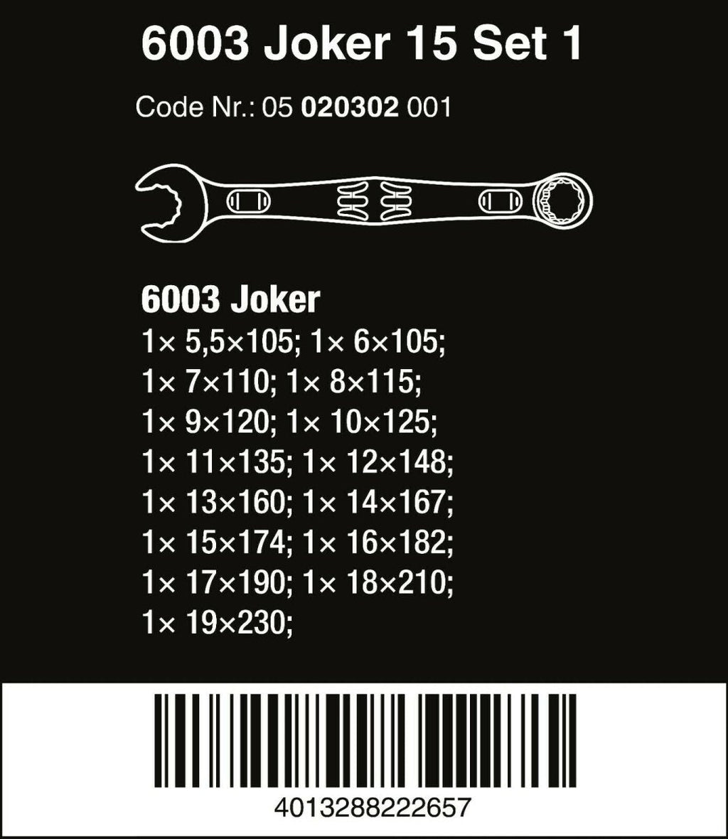Wera 6003 Joker Combination Wrench Set 15 Piece Metric 05020302001