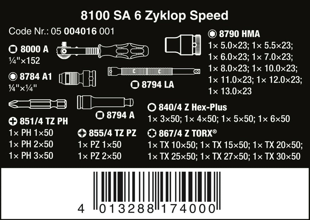 Wera 8100 SA 6 Zyklop Speed Ratchet Set 1/4" Drive Metric 05004016001