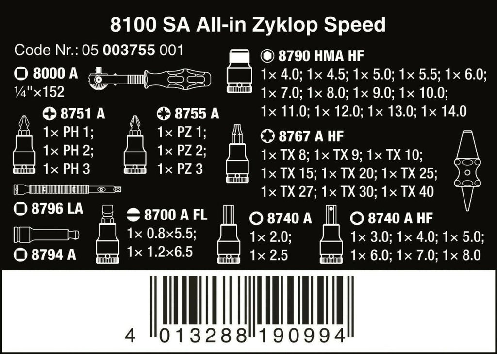 Wera 8100 SA All In Zyklop Speed Ratchet Set HF 1/4" Drive Metric 05003755001