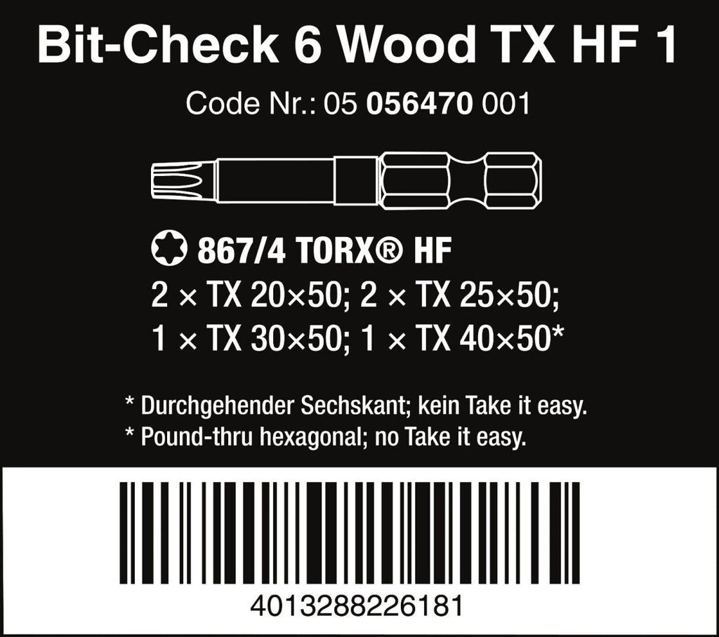 Wera Bit-Check 6 Wood TX HF 1 TORX® Bit Set 6 Pieces 05056470001