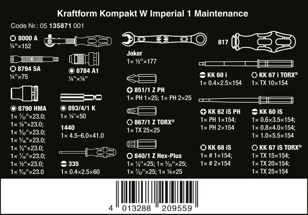 Wera Kraftform Kompakt Maintenance W1 USA Set SAE 35 Pieces 05135871001